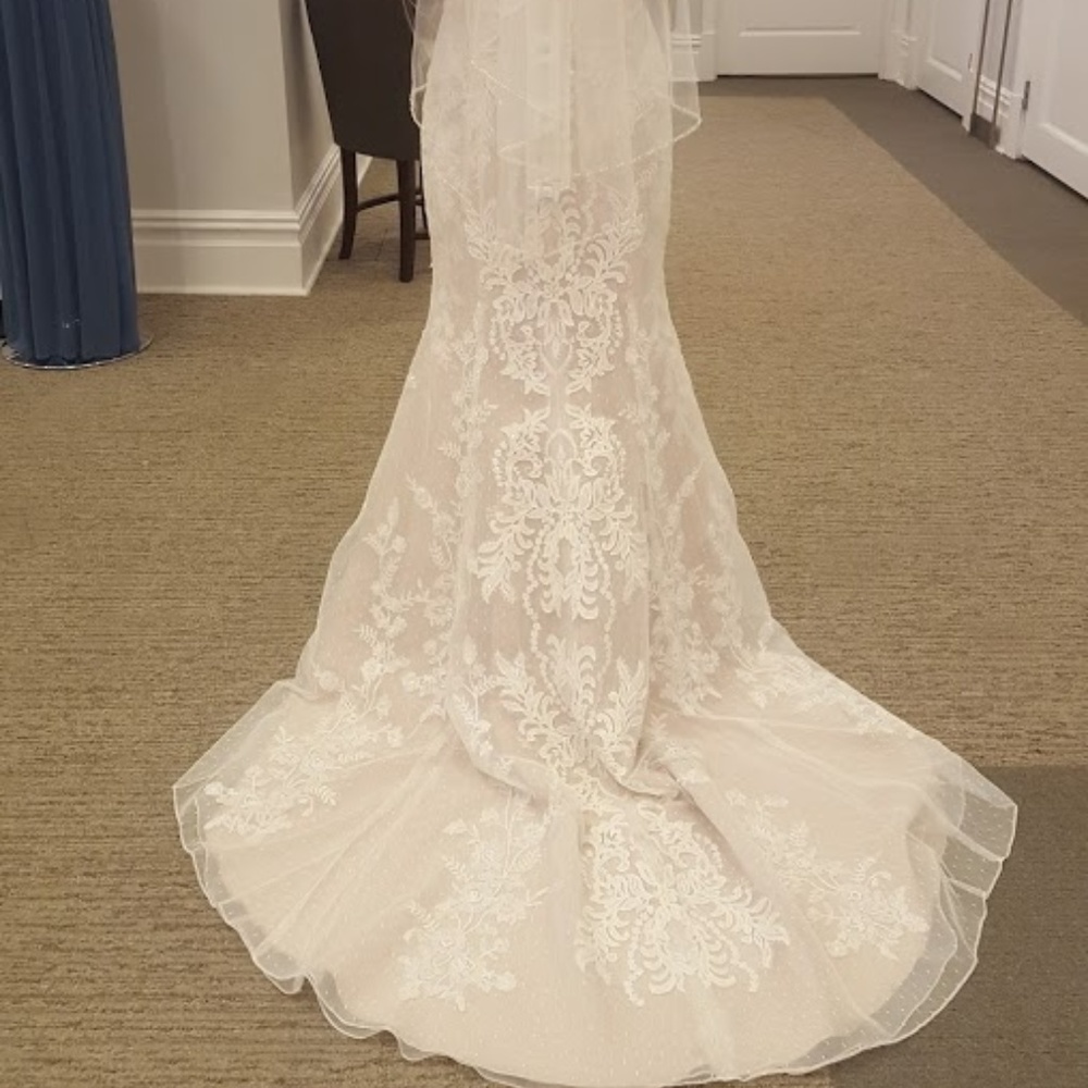 Oleg Cassini Strapless Lace Sheath Wedding Dress - Picture 4 of 5